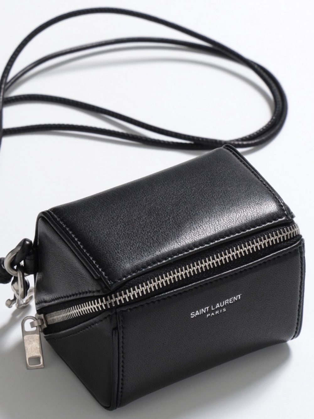 Saint Laurent YSL Fragments Black Leather Box Zip Convertible Crossbody Mini Bag